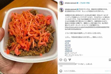 小泉進次郎議員が頼んだ吉野家の牛丼。本来、紅生姜は3袋までだが、議員さんだけは特別？