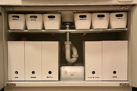 まずは洗面台下の物をいったん取り出し、同じ種類・用途の物でグループ分け。グループごとに収納ボックスに入れていけばスッキリ
