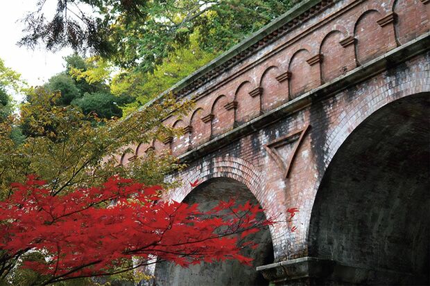 今年、国宝および重要文化財に指定されて注目を集める琵琶湖疏水。その水路閣が境内を走り、今も現役で活躍中