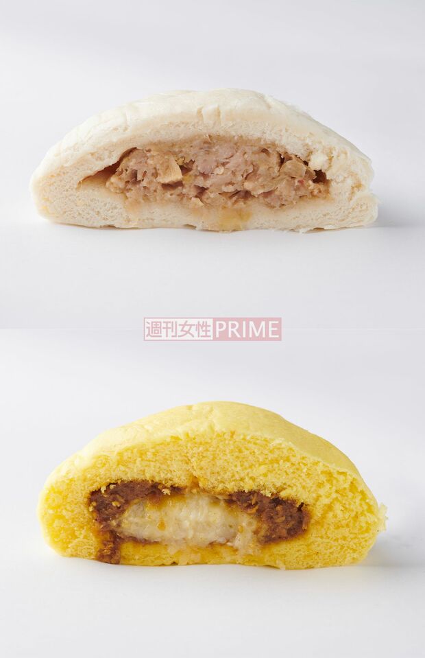 （上）ローソンの横浜中華街「江戸清」共同開発の特撰肉まん（297円）、（下）ファミマのCoCo壱番屋監修チーズカレーまん（150円）　撮影／山田智絵