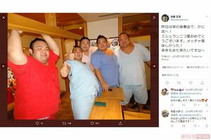 翔猿のツイッターに投稿された母校の埼玉栄出身力士たちの集い。角界に最も多くの力士を送り込んでいる名門高校でもある