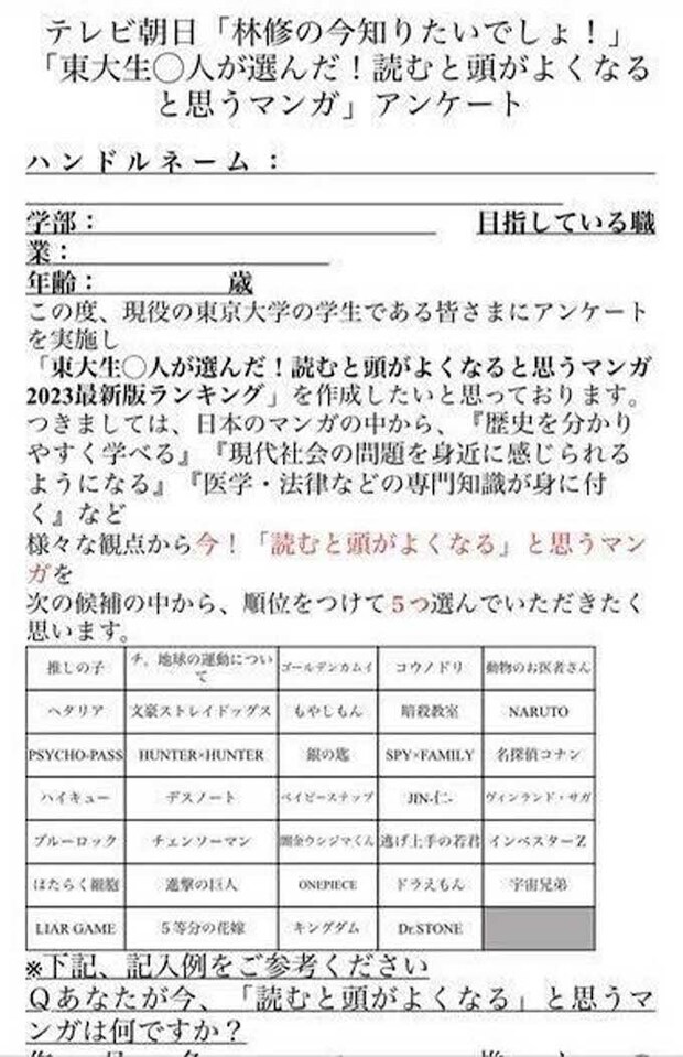 ネット上で流出した『林修の今知りたいでしょ！』が実施したというアンケート内容（ツイッターより）