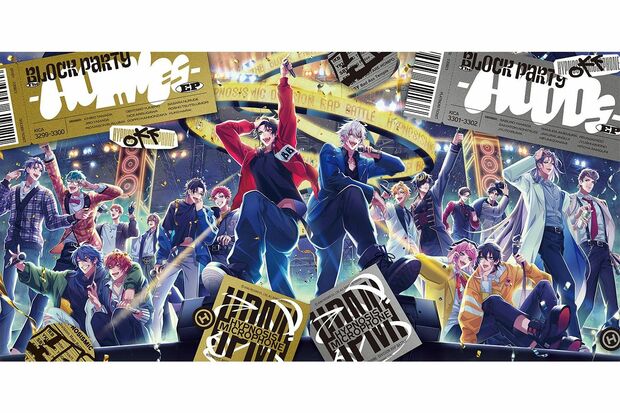 8月23日に発売された、ヒプマイ初の2タイトル同時発売EP『TheBlockParty-HOMIEs-』と『TheBlockParty–HOODs-』のジャケット写真。それぞれのEPを組み合わせると、18人のキャラクターが全員揃う仕様になっている（ヒプノシスマイクオフィシャルHPより引用）