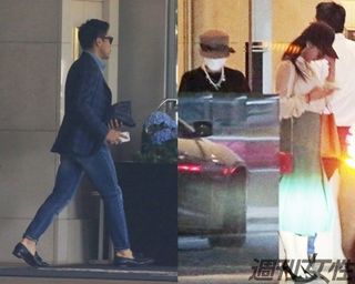 2016年5月21日、ホテルから出る長友。3時間後に帰ってきたが、夜には高級焼き肉店へ。写真右/長友が焼き肉店へ向かった10分後、平愛梨(左)と妹の祐奈(右)もホテルからタクシーを拾い、同じ店へ向かった