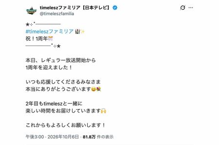 レギュラー放送開始から1周年を迎えたことを祝福した『timeleszファミリア』。タイミングが悪く、波紋を呼ぶことに（番組公式Xより）