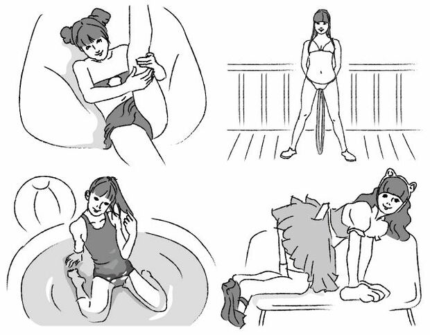 作品A・Bの映像をイラストにしたもの。左上／片脚を抱え込んで大きく開脚。胸元の露出も過激（作品A）　右上／立てたフラフープをまたぐ少女。腰を左右に揺する（作品A）　左下／家庭用プールで水着が濡れる。股間は開きぎみだ（作品B）　右下／ミニスカートで四つん這いポーズ。メイド服に猫耳をつけて（作品B）