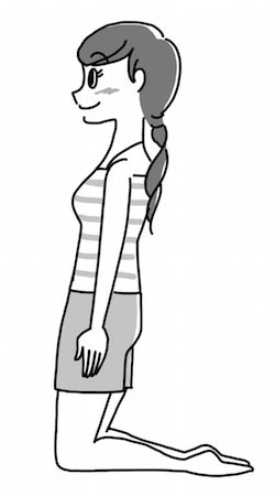 【実践1】左右のひざ頭、かかとをできるだけくっつけて、ひざ立ちになる。この時、できればふくらはぎもくっつける。