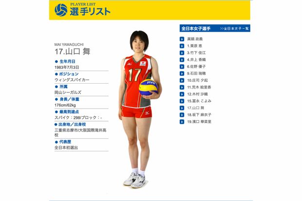 日本代表当時の山口舞（日本テレビ『グラチャンバレー2009』公式サイトより）