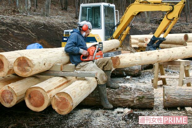 2007年3月から丸太小屋造りを開始。重量4トンのユンボ、その名も「鉄人」で丸太を吊って積み上げた