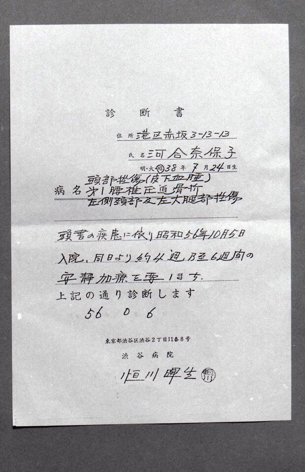 河合奈保子、大怪我の診断書