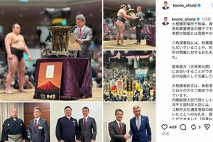 2026年大相撲初場所で2連覇をした安青錦に宮崎県知事賞の牛一頭を贈った河野俊嗣知事（本人のインスタグラムより）