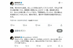 体調不良で緊急手術を受けた室井佑月(本人のXより)