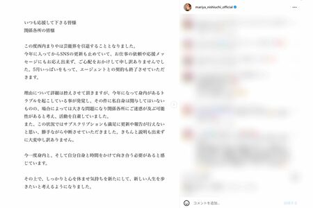 芸能界引退を発表した西内まりや(本人インスタグラムより)
