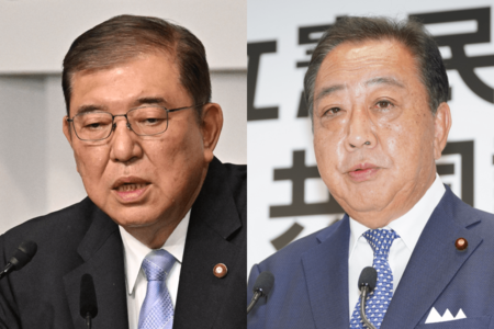 9月27日、決選投票を経て、自民党総裁に選出された石破茂氏（左）9月23日、立憲民主党の新代表に選出された野田佳彦氏