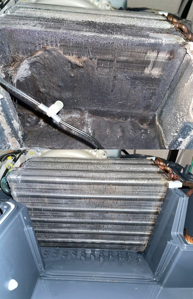 使用して3年たったという埃がたまった洗濯乾燥機の熱交換器。清掃前後で送風の勢いがまったく違うという