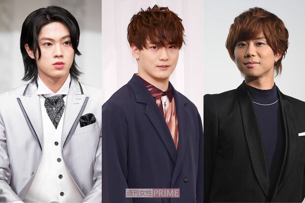 “黒バケハ”着用時に熱愛スクープされた（左から）美少年の佐藤龍我、冨岡健翔、Kis-My-Ft2の北山宏光