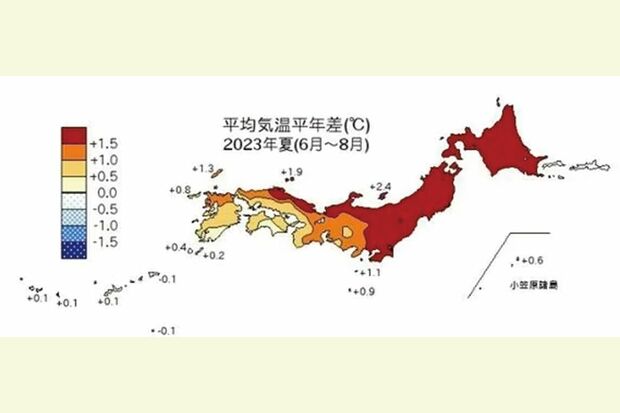 2023年夏の平均気温平年差（出典：気象庁）