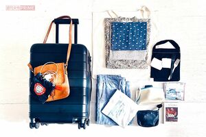 
使い捨てできるプラスチックのフォークを携帯。手作りポーチに入れた充電器をポシェットにイン『60代 大人旅の愉しみと工夫』（主婦と生活社）より
