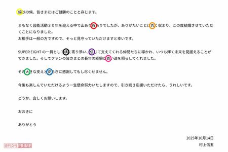 SUPEREIGHT・村上信五の結婚発表文に隠された“粋な計らい”(公式HPより、※色付けは編集部)