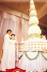 山口百恵さん、三浦友和との結婚披露宴で、高さ約7メートルのケーキへ入刀。披露宴は約1800人が出席した（'80年11月19日)   撮影／週刊女性写真班