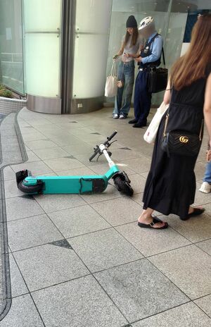 東京・池袋駅近くの歩道上で電動キックスケーターを運転中に60代の女性に衝突した直後に一般人によって投稿されたもの（Xより）