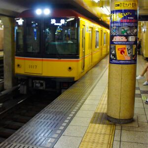 品田さんはこの向きに歩いてホームから転落した。点字ブロックの上には柱が半分食い込んでいる＝銀座線青山一丁目駅