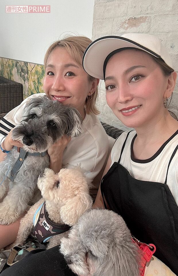 早織ちゃんと愛犬たちと一緒に。みんなかわいい~ 写真提供/加藤綾菜