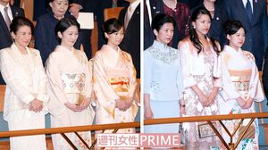 ベルギー国王夫妻主催コンサートで、雅子さま（左端）は洋装だったが、秋篠宮家は和装。高円宮妃久子さまと長女・承子さまは洋服だったが、三女・絢子さま（右端）はお着物だった（10月13日）