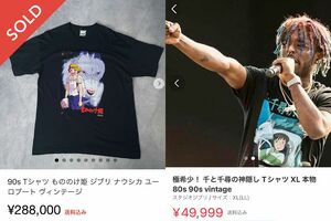 『もののけ姫』（左）や『千と千尋の神隠し』（右）のTシャツの値段も高騰