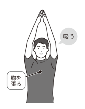 血圧ストレッチ1 両手を合わせ、手を頭の上に伸ばしてから息を吸い込む。