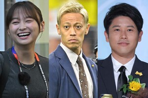 解説や現地レポーターとして日本とともに戦った。左から影山優佳、本田圭佑、内田篤人/雑誌協会より