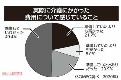 実際に介護にかかった費用について感じていること/SOMPO調べ(2020年)