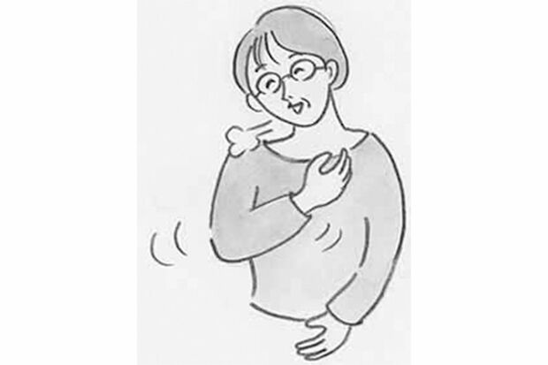 （2）右手のひらを軽くお椀のようにして、左胸の肋骨のあたりをリズミカルに叩く。40回程度　イラスト／長田直美