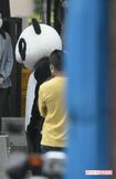 ドラマ『六本木クラス』ロケ、パンダの着ぐるみをきる竹内涼真(2022年5月)