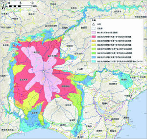 富士山噴火の際の溶岩流到達予想図。周辺自治体はもちろん、川伝いに約1週間で相模原市まで到達するおそれも