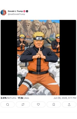 人気漫画『NARUTO―ナルト―』の主人公・うずまきナルトを思わせるオレンジと黒の衣装をまとい、忍術を繰り出すような動画を投稿したトランプ大統領。権利元の許諾を得ていないとみられている(トランプ大統領のSNSより)