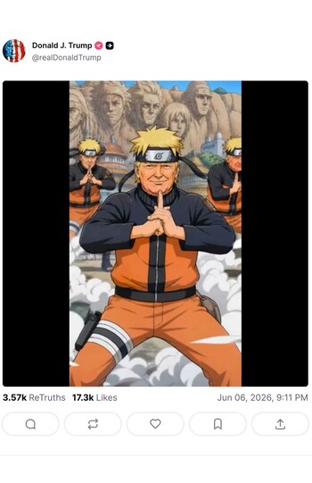人気漫画『NARUTO―ナルト―』の主人公・うずまきナルトを思わせるオレンジと黒の衣装をまとい、忍術を繰り出すような動画を投稿したトランプ大統領。権利元の許諾を得ていないとみられている（トランプ大統領のSNSより）