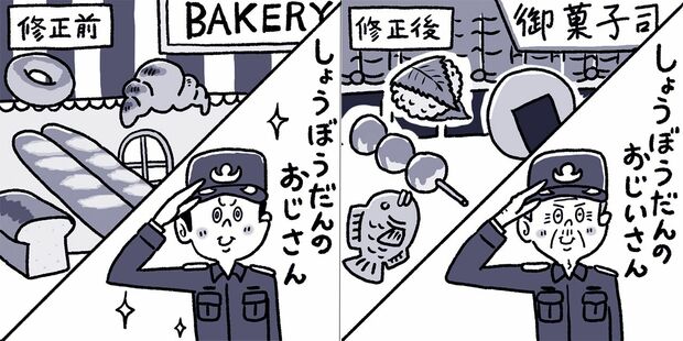 「国と郷土を愛する態度」「高齢者への尊敬、感謝」の扱いが不適切として右のように修正された　イラスト／イケウチリリー