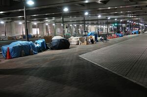 都庁第1庁舎と第2庁舎の間の歩道沿いにはテントが並ぶ