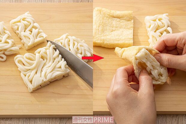 ほりえさちこさんの「甘辛みそおでん」の調理工程、うどん巾着の簡単な作り方（撮影／廣瀬靖士）