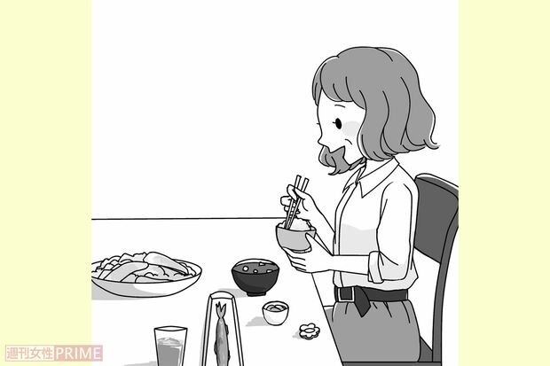 ベルトを巻いて食事をする　イラスト／青井亜衣