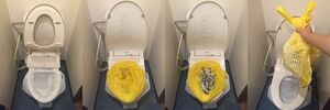 左から①便座を上げてゴミ袋を便器の上からかぶせ、降ろして固定する。②小さめのレジ袋などを広げ、固定ずみのゴミ袋の中に入れる。③固形剤や細かくちぎった古新聞を入れる。多めに入れると安心。④用を足したら小袋を結んで大袋へ。消臭剤があればニオイ消しになる。