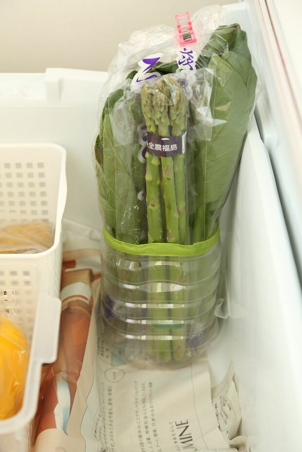 小松菜やほうれん草などの葉物野菜は、成長した環境に近づけるため、野菜室のすき間にカットしたペットボトルを置いて、縦型収納。