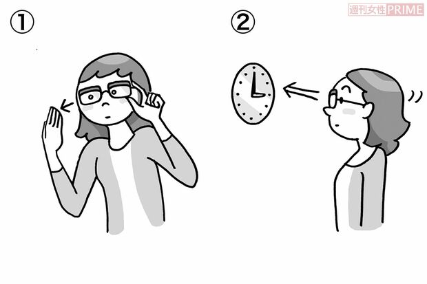 ワザ8：「水晶体もみほぐしで老眼トレ」20秒×10回（イラスト／榊原ゆう）