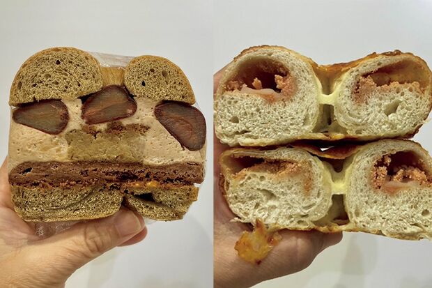 「明太もちチーズベーグル」（右）420円と「マロンチーズケーキサンド」（左）700円