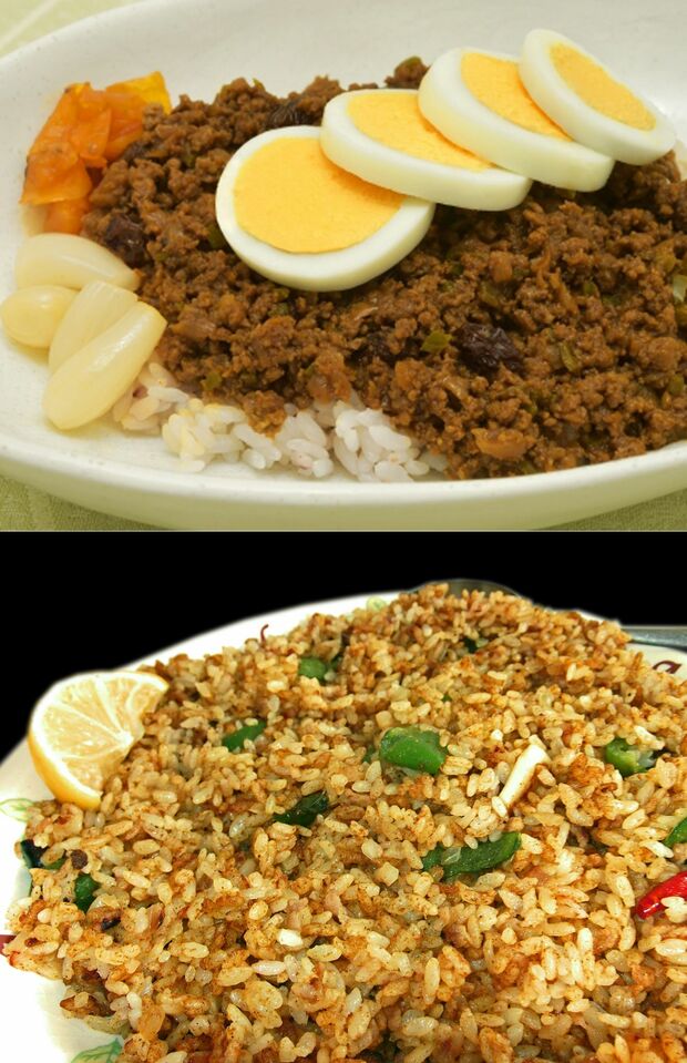 上がキーマ風、下がピラフ風。多くの辞典には両方が載っているが、先に明記されているのは、だいたいキーマ風