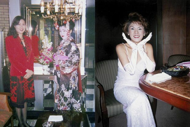 （左）ホステス時代、15歳の年末。舞妓さん姿で、おひねりをたくさんいただいた。（右）銀座でも歌舞伎町でもNo.1のホステスに。ホステス最後の年のクリスマス、結婚が決まり、長かった髪をばっさりと