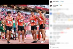 '21年の東京五輪では男子リレーの第1走者を務め、注目を集めた多田修平（左）（本人のインスタグラムより）