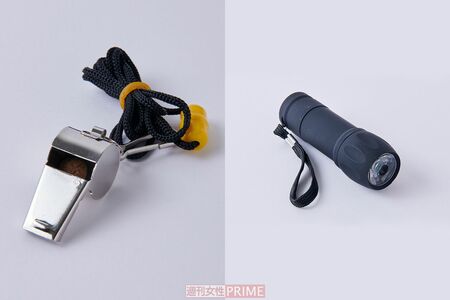 100均で買える防災グッズ「ホイッスル」と「小型のライト」撮影／山田智絵