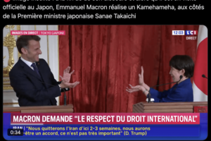 マクロン大統領とかめはめ波を交わす高市首相（フランスのニュース専門テレビ局『LCI』のXより）